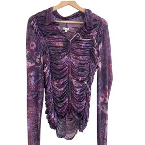Pilcro Anthropologie Gathered Floral Top Purple Ruched Size Large